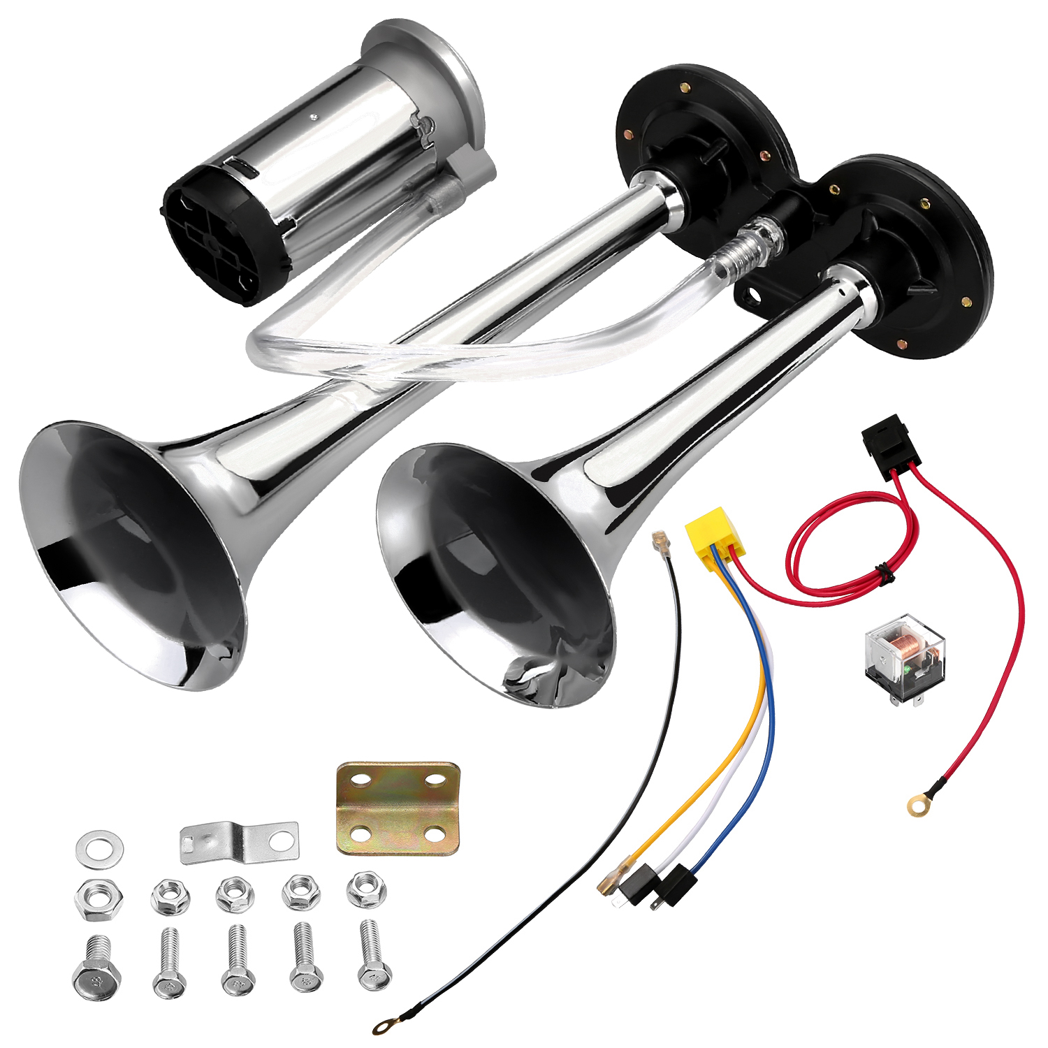 Super Loud Twin Tone Chrome Plated Zinc Dual Trumpet Air Horn with Compressor for Any 12V Vehicles Car Truck RV Van SUV Motorcycle Off Road Boat MIRKOO 12V 150dB Car Air Horn Kit Silver 